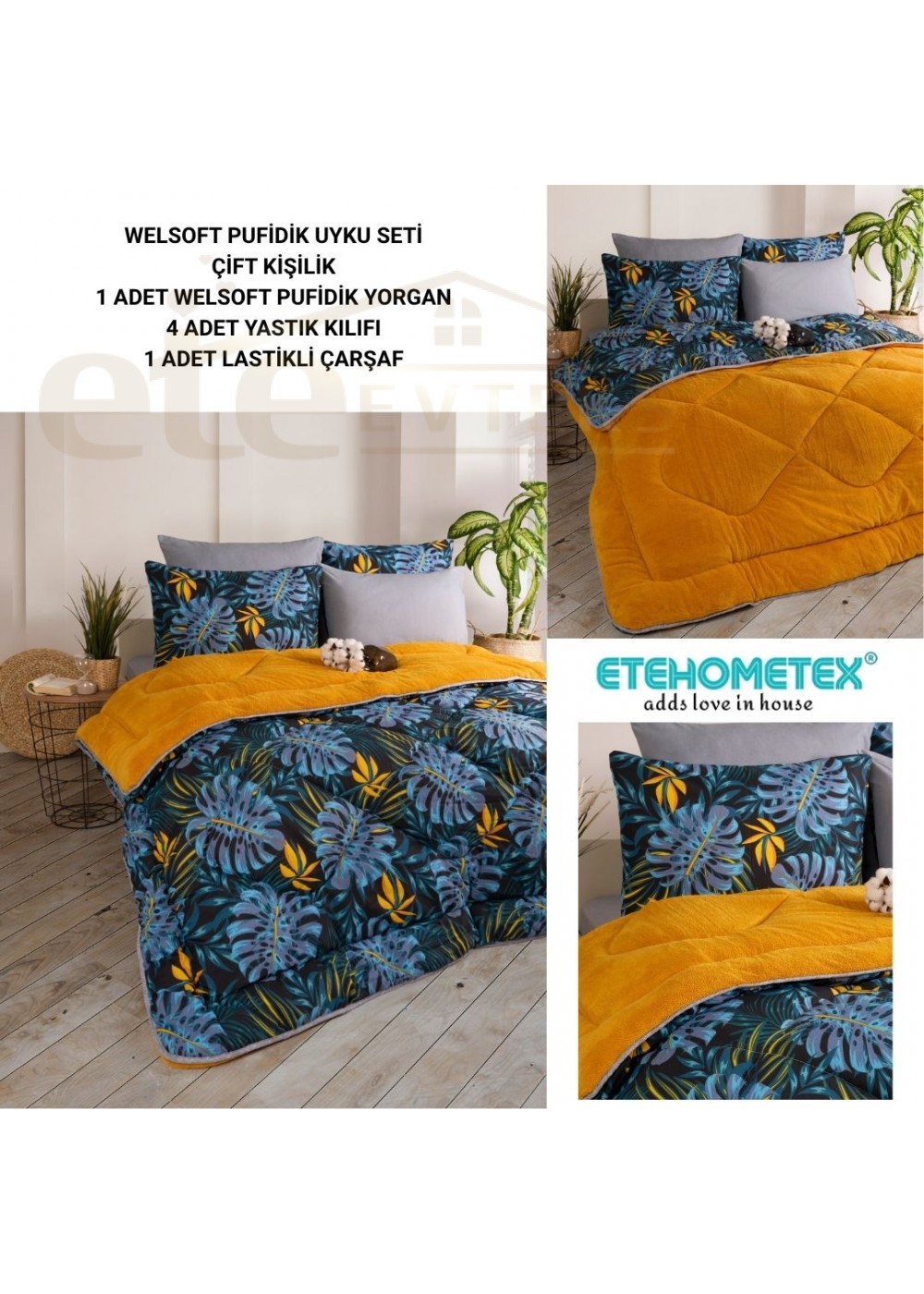 ETE HOMETEX ÇİFT KİŞİLİK WELSOFT UYKU SETİ MONESTERA HARDAL 8696474231983